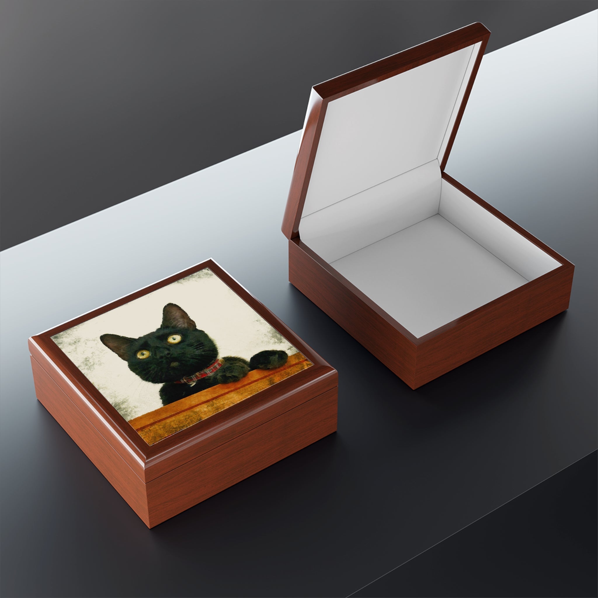 Juno brown wooden pet portrait jewellery box with black cat peeking over ledge
