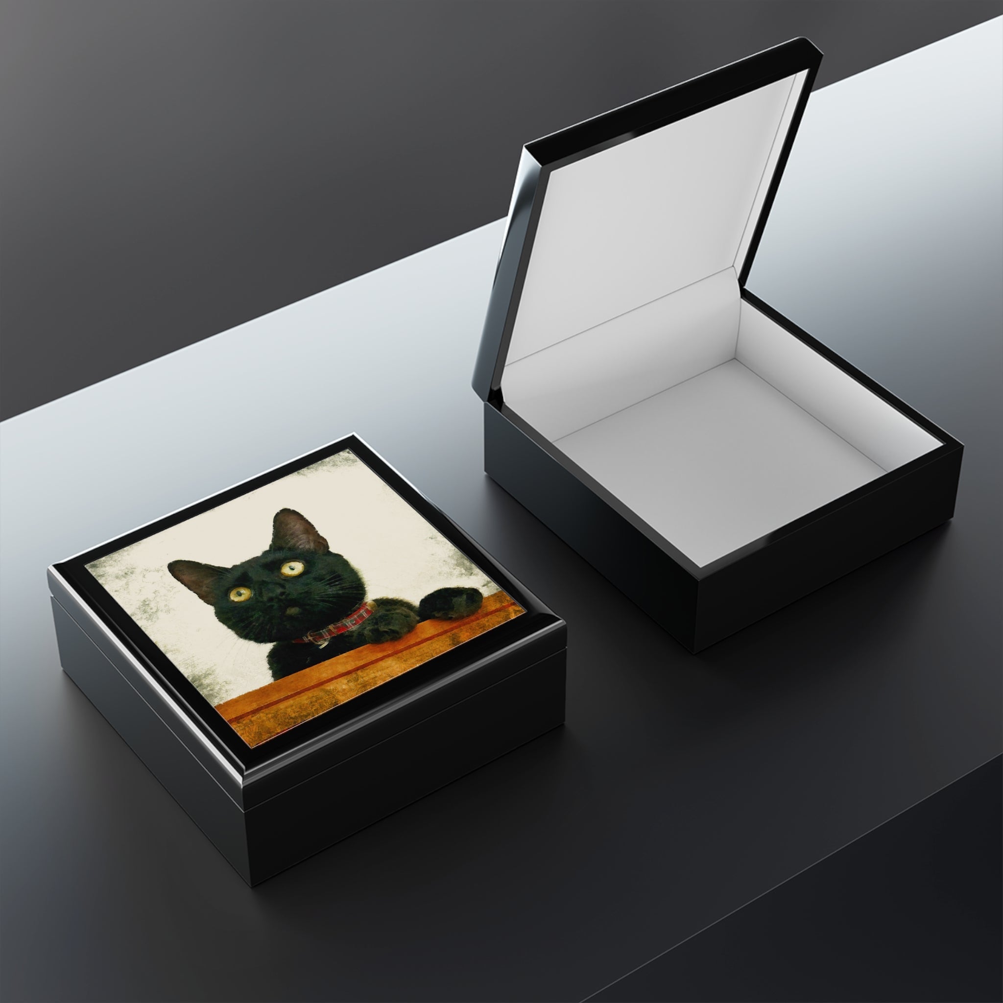 Juno black glossy square pet portrait jewellery box with black cat peeking over orange ledge, Scotland
