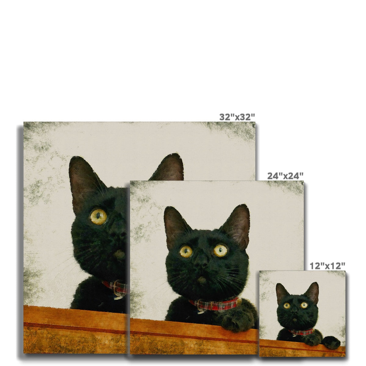 Black cat portrait canvas print Juno with yellow eyes and red plaid collar