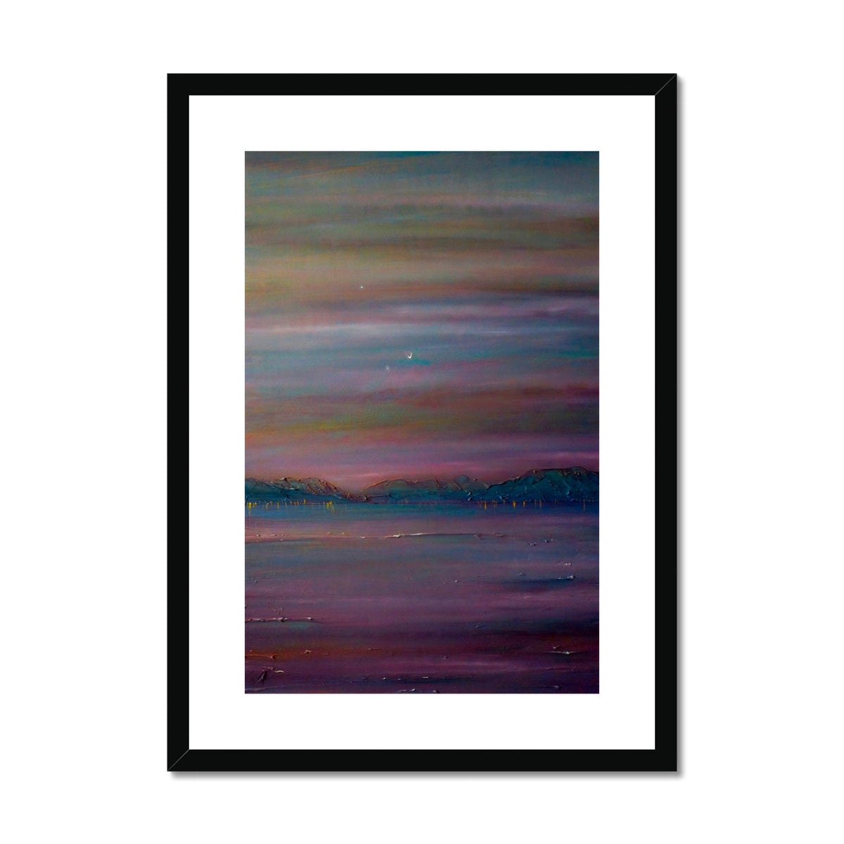 Framed abstract print of Jupiter, Venus & moon over River Clyde in purple-blue-pink hues