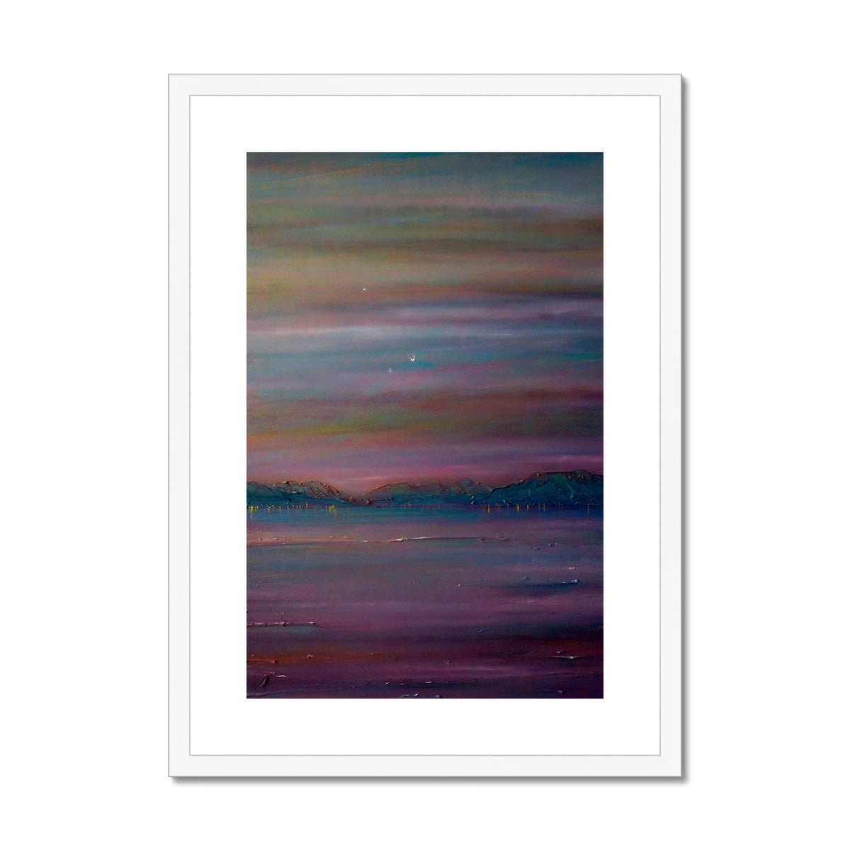 Framed abstract print of Jupiter, Venus, and Moon over River Clyde at twilight