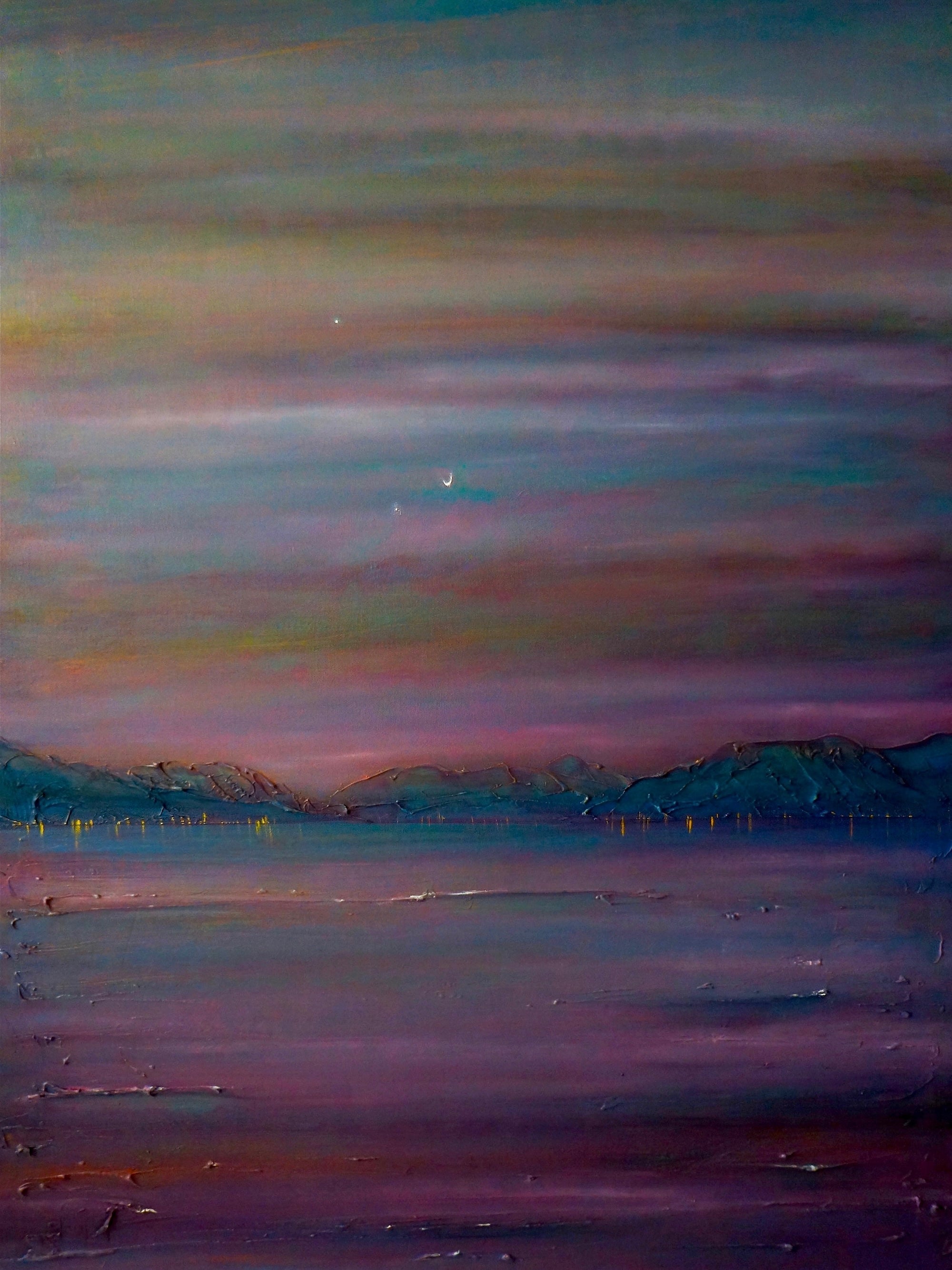 Impressionistic twilight landscape painting of Mountains, River Clyde, and colorful sky