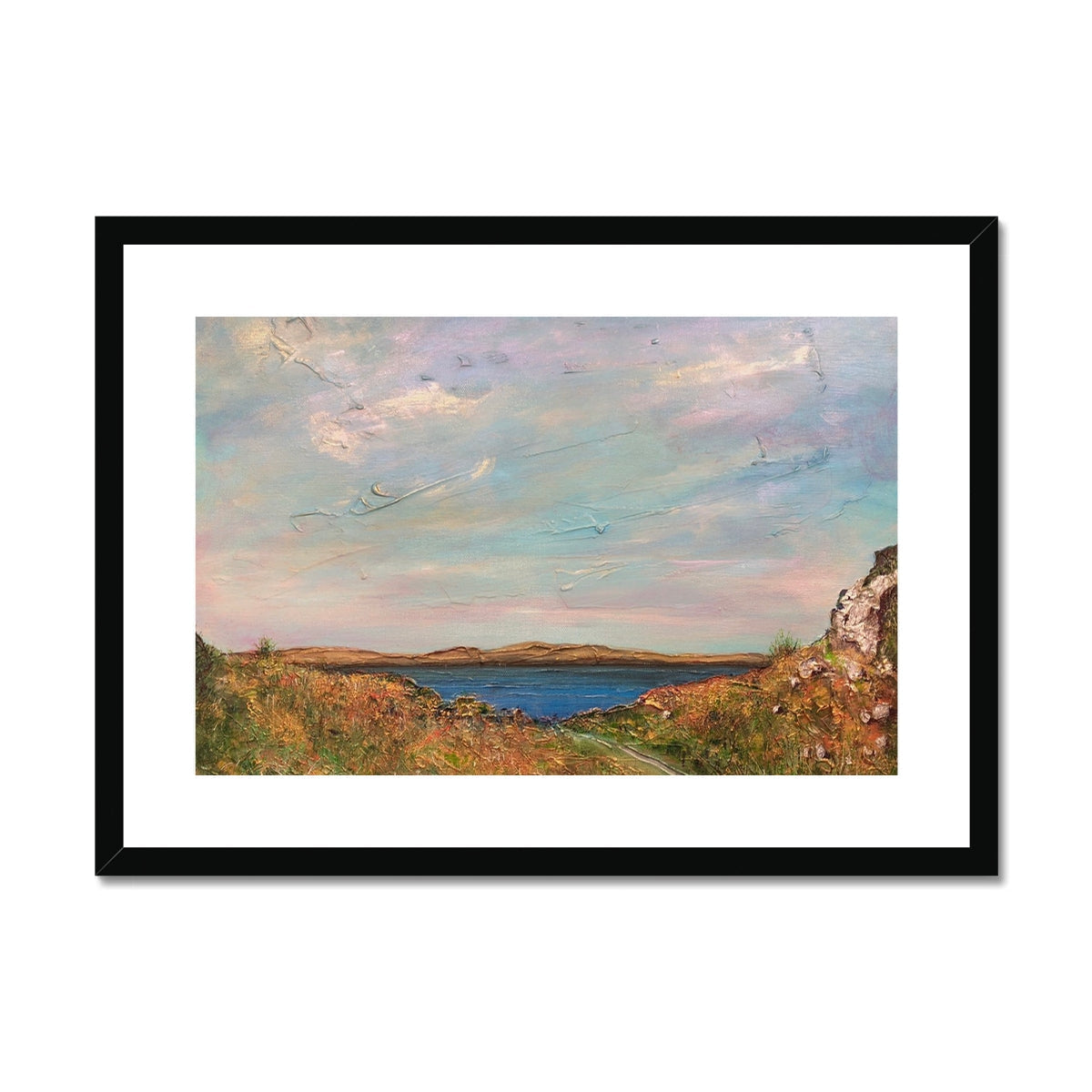 Black framed Jura from Crinan coastal print with blue water and green hills