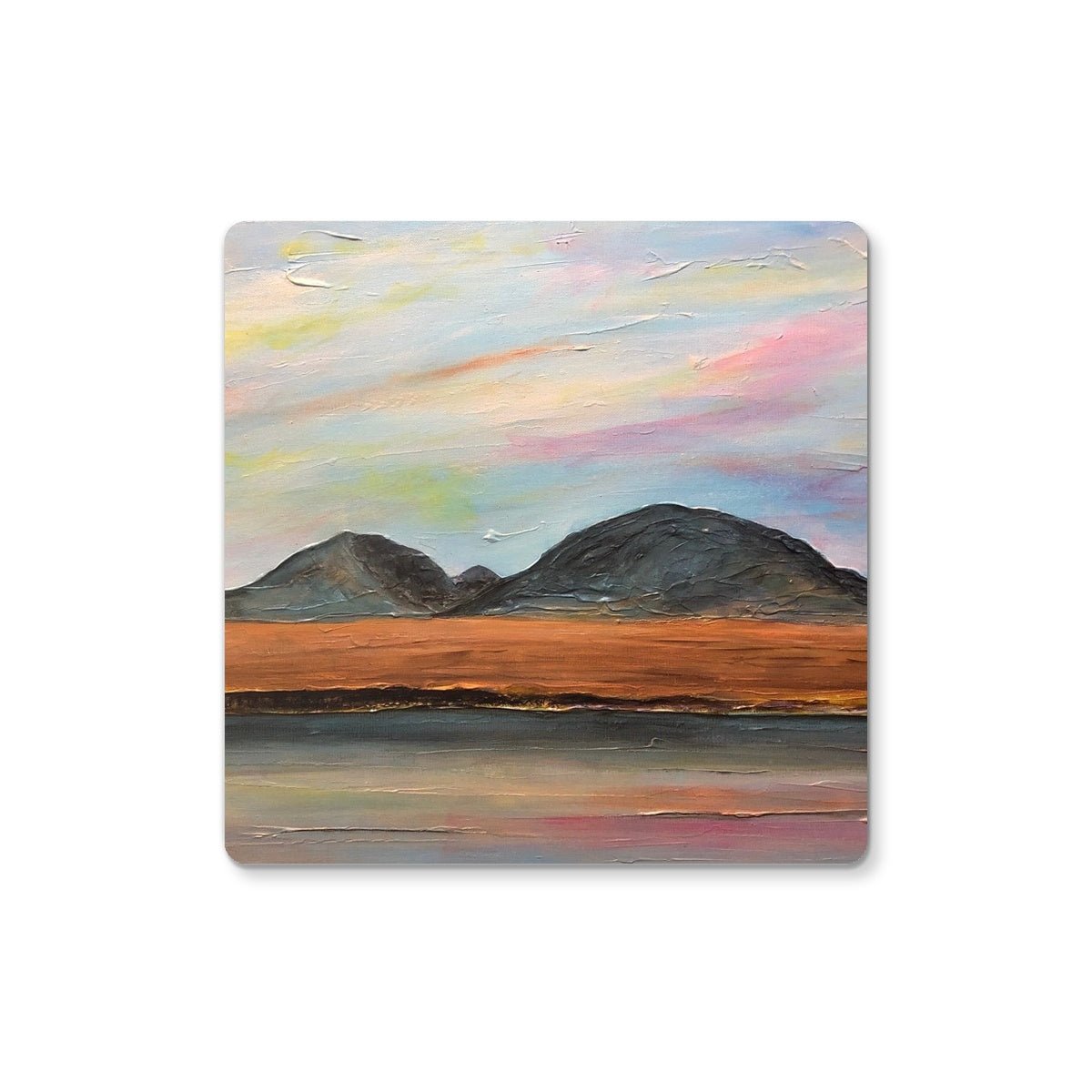 Jura Dawn Art Gifts Coaster-Coasters-Hebridean Islands Art Gallery-4 Coasters-Paintings, Prints, Homeware, Art Gifts From Scotland By Scottish Artist Kevin Hunter