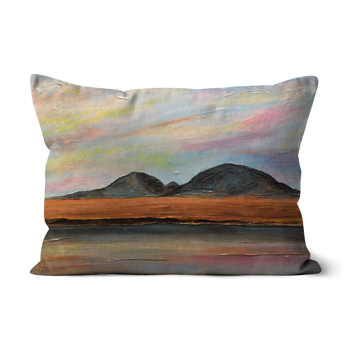 Jura Dawn Art Gifts Cushion-Cushions-Hebridean Islands Art Gallery-Faux Suede-19"x13"-Paintings, Prints, Homeware, Art Gifts From Scotland By Scottish Artist Kevin Hunter