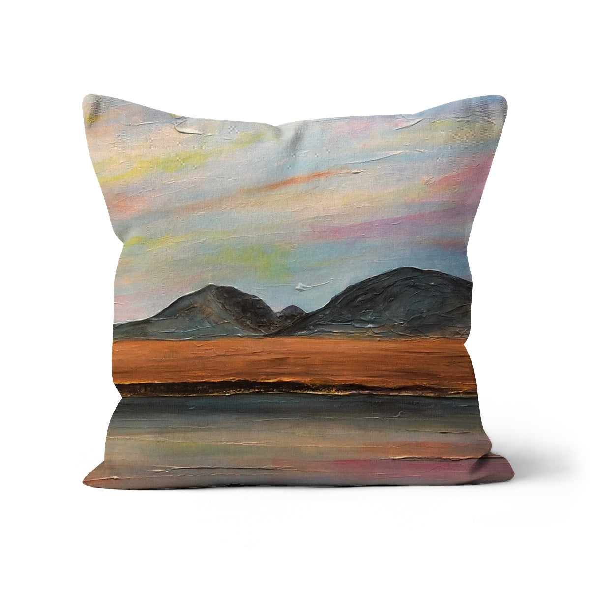 Jura Dawn Art Gifts Cushion-Cushions-Hebridean Islands Art Gallery-Faux Suede-24"x24"-Paintings, Prints, Homeware, Art Gifts From Scotland By Scottish Artist Kevin Hunter