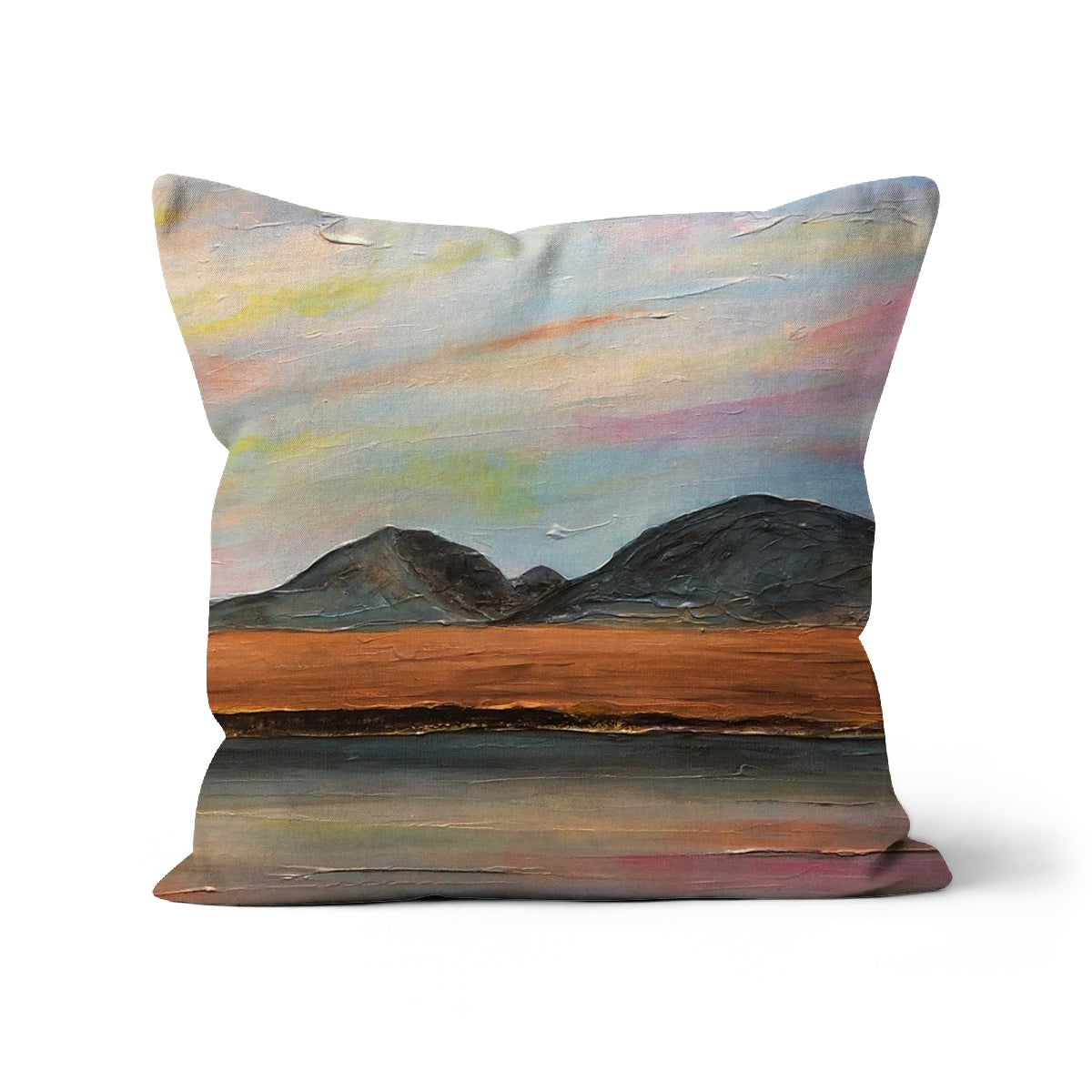 Jura Dawn Art Gifts Cushion-Cushions-Hebridean Islands Art Gallery-Faux Suede-12"x12"-Paintings, Prints, Homeware, Art Gifts From Scotland By Scottish Artist Kevin Hunter