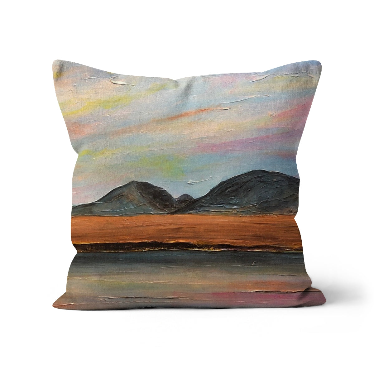 Jura Dawn Art Gifts Cushion-Cushions-Hebridean Islands Art Gallery-Linen-16"x16"-Paintings, Prints, Homeware, Art Gifts From Scotland By Scottish Artist Kevin Hunter