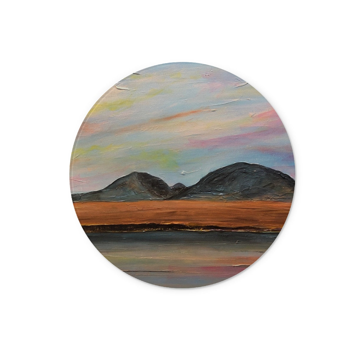 Jura Dawn Art Gifts Glass Chopping Board-Glass Chopping Boards-Hebridean Islands Art Gallery-12" Round-Paintings, Prints, Homeware, Art Gifts From Scotland By Scottish Artist Kevin Hunter