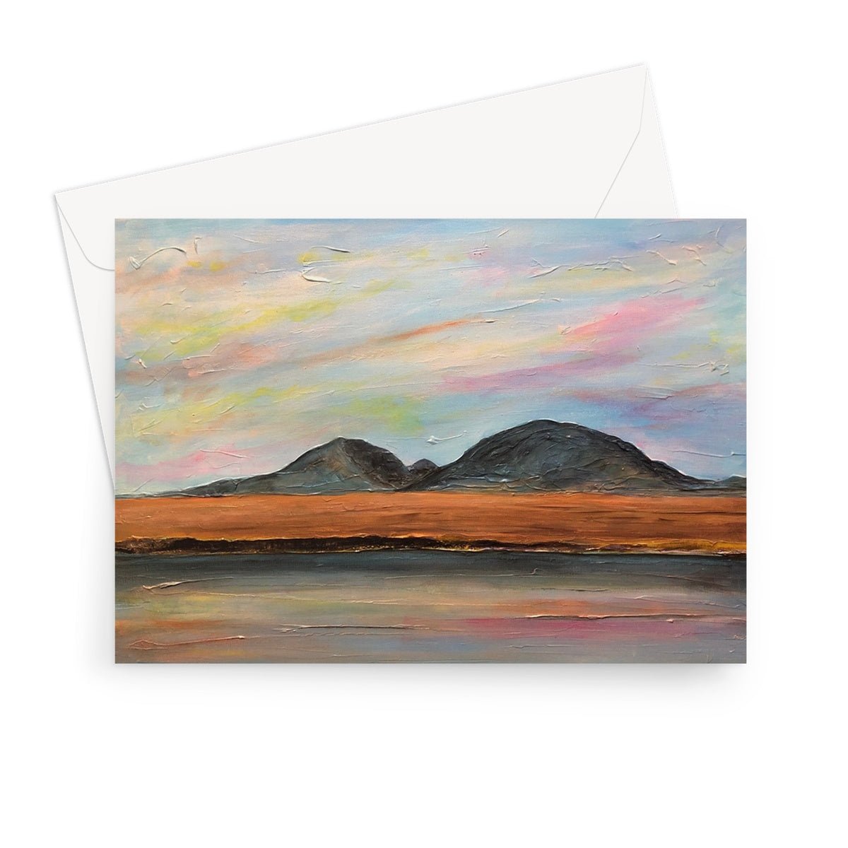 Jura Dawn Art Gifts Greeting Card-Greetings Cards-Hebridean Islands Art Gallery-7"x5"-10 Cards-Paintings, Prints, Homeware, Art Gifts From Scotland By Scottish Artist Kevin Hunter