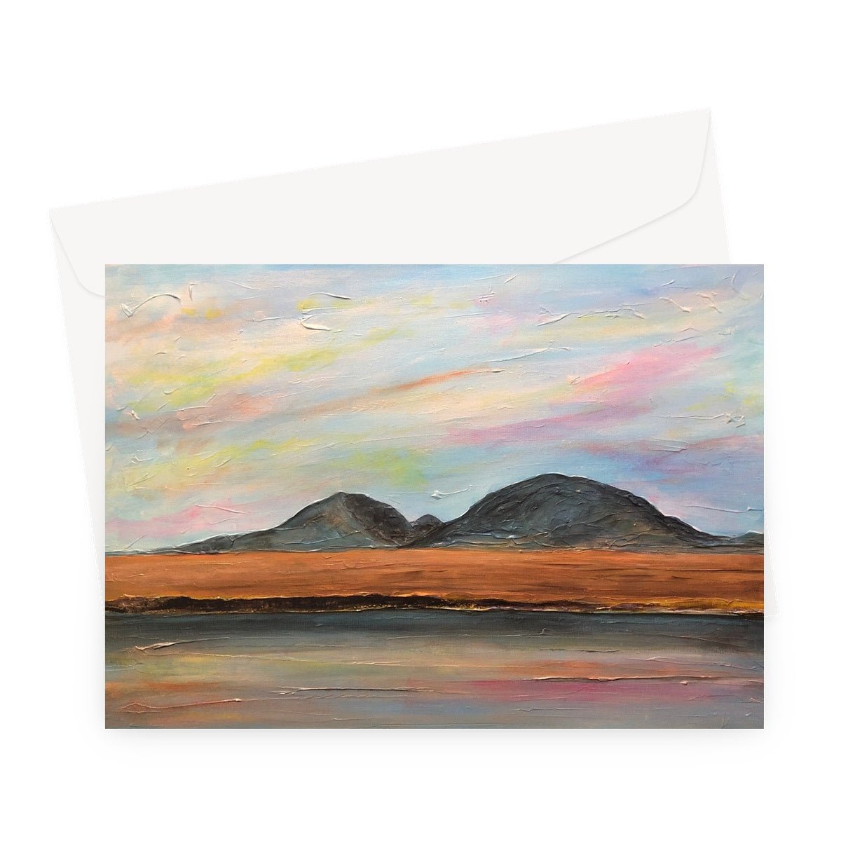 Jura Dawn Art Gifts Greeting Card-Greetings Cards-Hebridean Islands Art Gallery-A5 Landscape-10 Cards-Paintings, Prints, Homeware, Art Gifts From Scotland By Scottish Artist Kevin Hunter