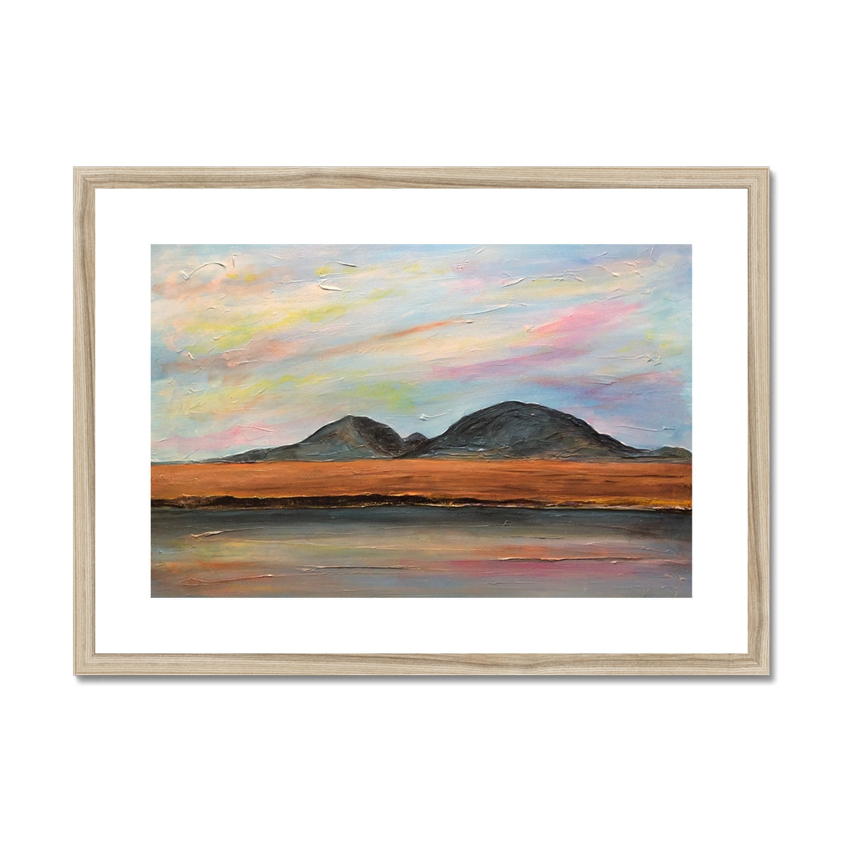 Jura Dawn beige wooden framed landscape print with earth tones and pastel clouds