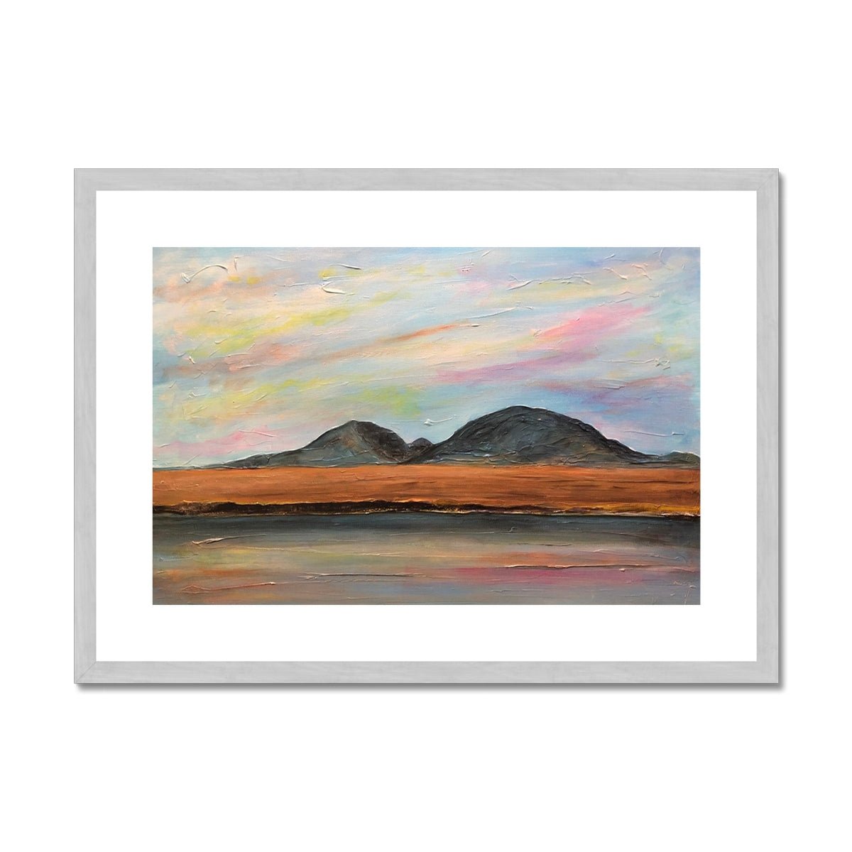 Jura Dawn Painting | Antique Framed & Mounted Prints From Scotland-Antique Framed & Mounted Prints-Hebridean Islands Art Gallery-A2 Landscape-Silver Frame-Paintings, Prints, Homeware, Art Gifts From Scotland By Scottish Artist Kevin Hunter