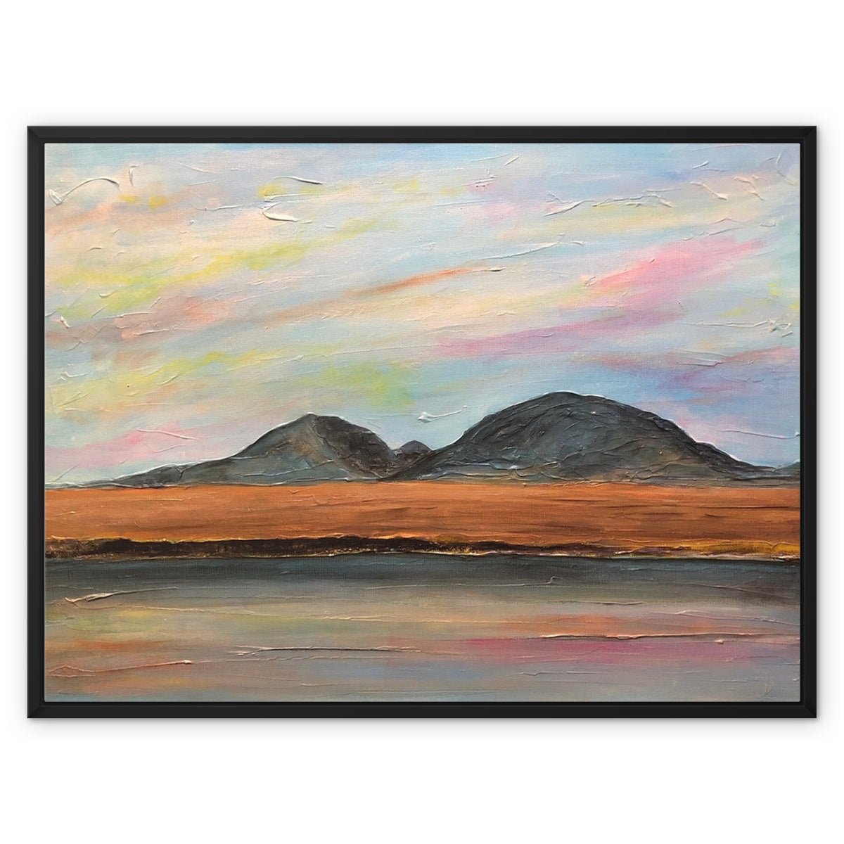 Jura Dawn Painting | Framed Canvas From Scotland-Floating Framed Canvas Prints-Hebridean Islands Art Gallery-32"x24"-Black Frame-Paintings, Prints, Homeware, Art Gifts From Scotland By Scottish Artist Kevin Hunter