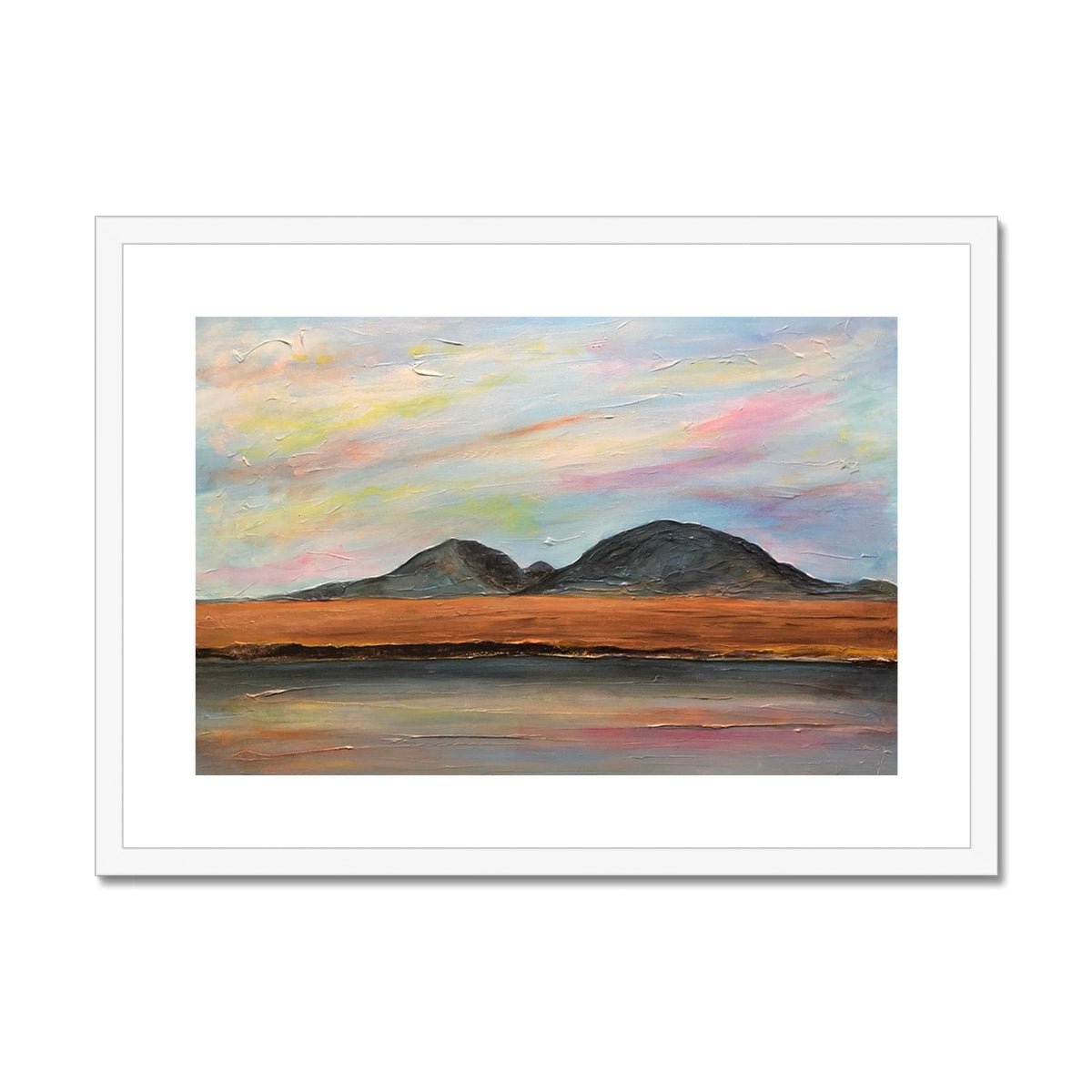 Jura Dawn Painting | Framed & Mounted Prints From Scotland-Framed & Mounted Prints-Hebridean Islands Art Gallery-A2 Landscape-White Frame-Paintings, Prints, Homeware, Art Gifts From Scotland By Scottish Artist Kevin Hunter