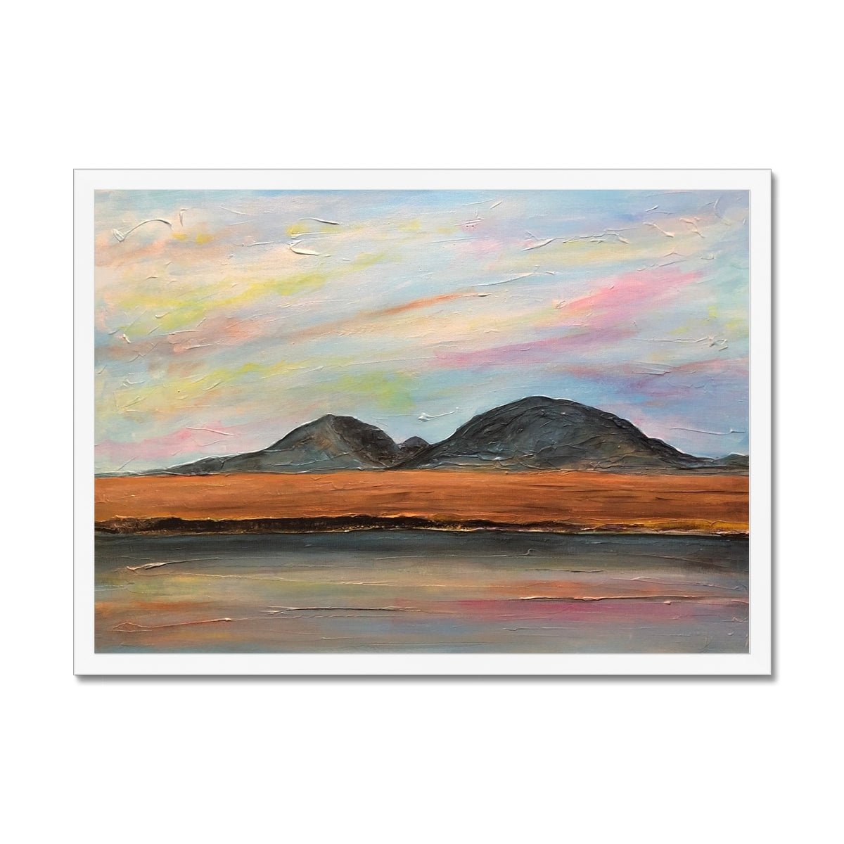 Jura Dawn Painting | Framed Prints From Scotland-Framed Prints-Hebridean Islands Art Gallery-A2 Landscape-White Frame-Paintings, Prints, Homeware, Art Gifts From Scotland By Scottish Artist Kevin Hunter
