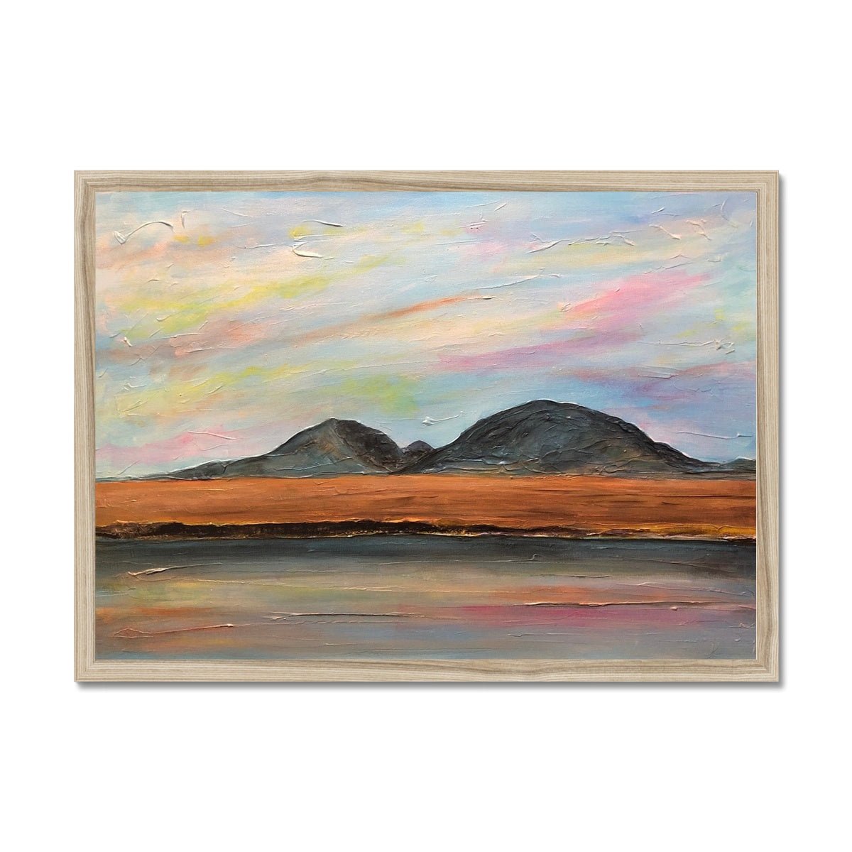 Jura Dawn Painting | Framed Prints From Scotland-Framed Prints-Hebridean Islands Art Gallery-A2 Landscape-Natural Frame-Paintings, Prints, Homeware, Art Gifts From Scotland By Scottish Artist Kevin Hunter