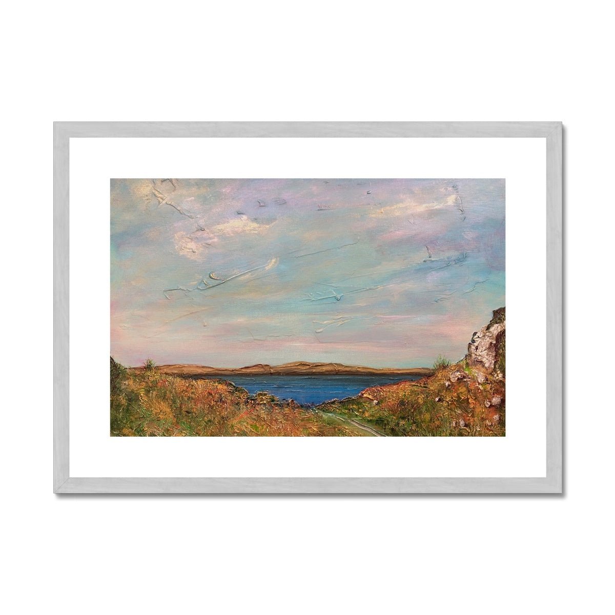 Jura From Crinan Painting | Antique Framed & Mounted Prints From Scotland-Antique Framed & Mounted Prints-Hebridean Islands Art Gallery-A2 Landscape-Silver Frame-Paintings, Prints, Homeware, Art Gifts From Scotland By Scottish Artist Kevin Hunter