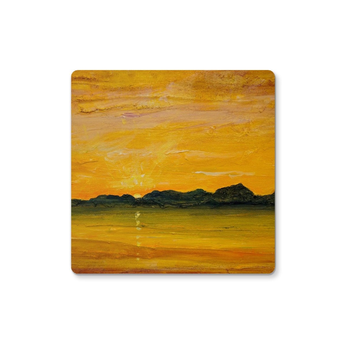 Jura Sunset Art Gifts Coaster-Coasters-Hebridean Islands Art Gallery-4 Coasters-Paintings, Prints, Homeware, Art Gifts From Scotland By Scottish Artist Kevin Hunter