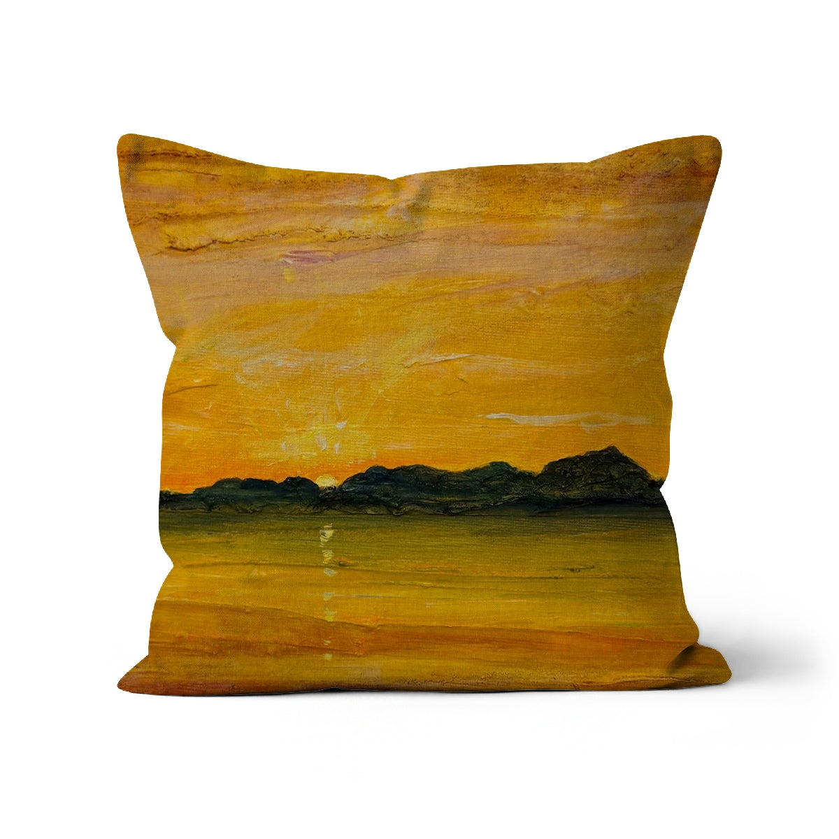 Jura Sunset Art Gifts Cushion-Cushions-Hebridean Islands Art Gallery-Linen-16"x16"-Paintings, Prints, Homeware, Art Gifts From Scotland By Scottish Artist Kevin Hunter