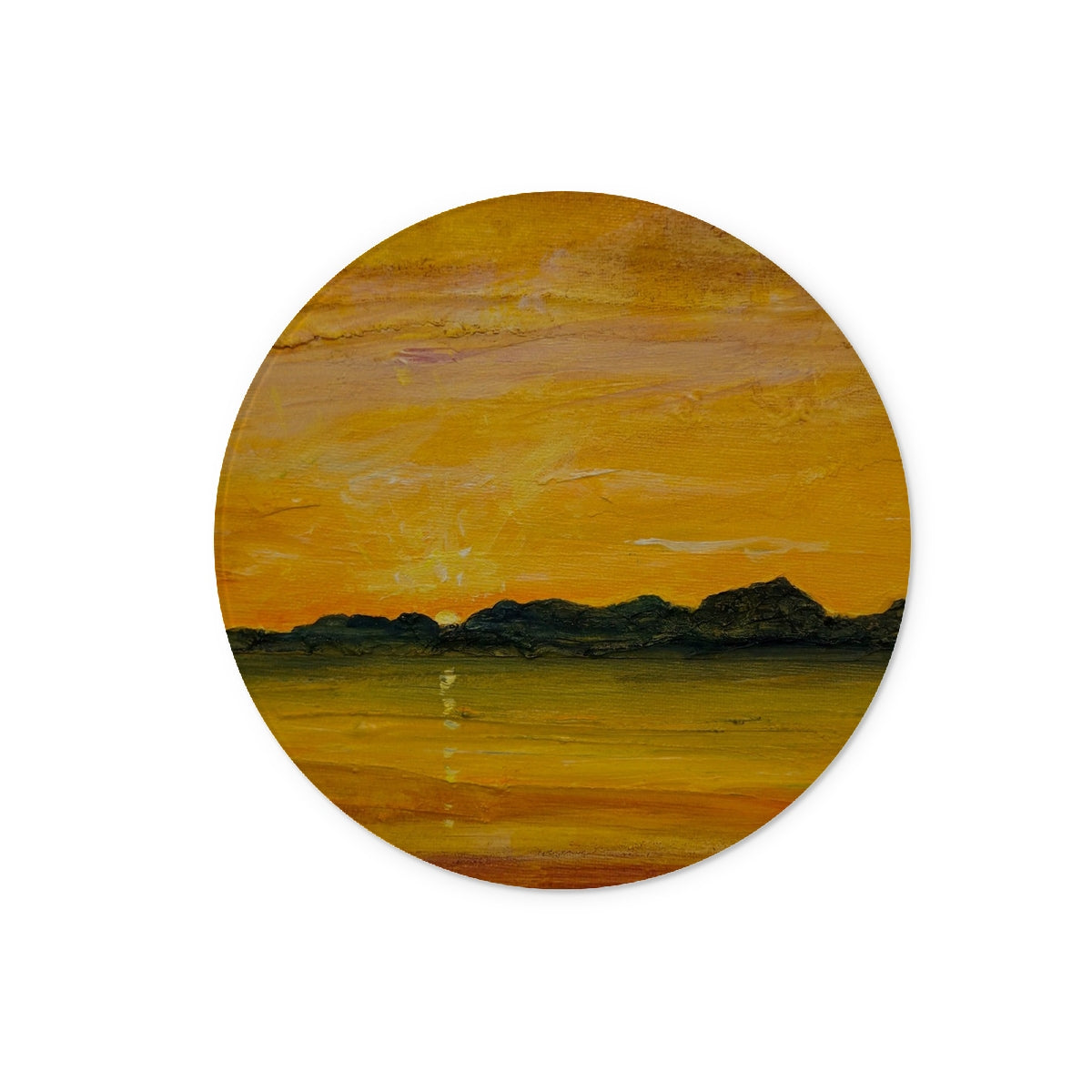 Jura Sunset Art Gifts Glass Chopping Board-Glass Chopping Boards-Hebridean Islands Art Gallery-12" Round-Paintings, Prints, Homeware, Art Gifts From Scotland By Scottish Artist Kevin Hunter