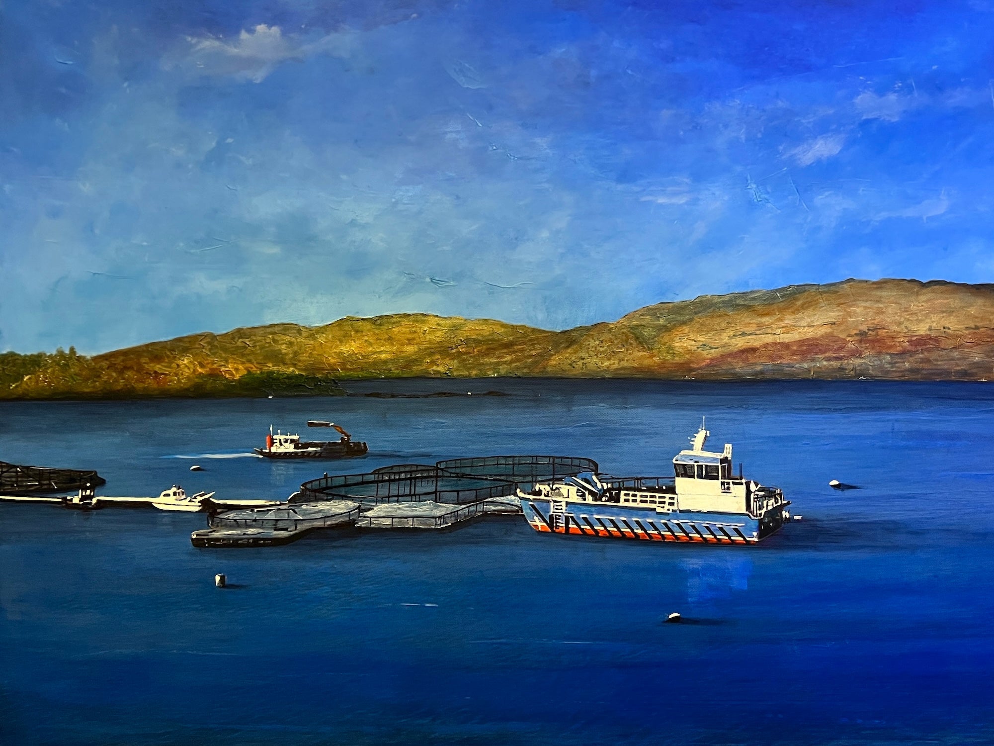 Kames Fish Farm Original Painting showing a boat docked beside floating platforms