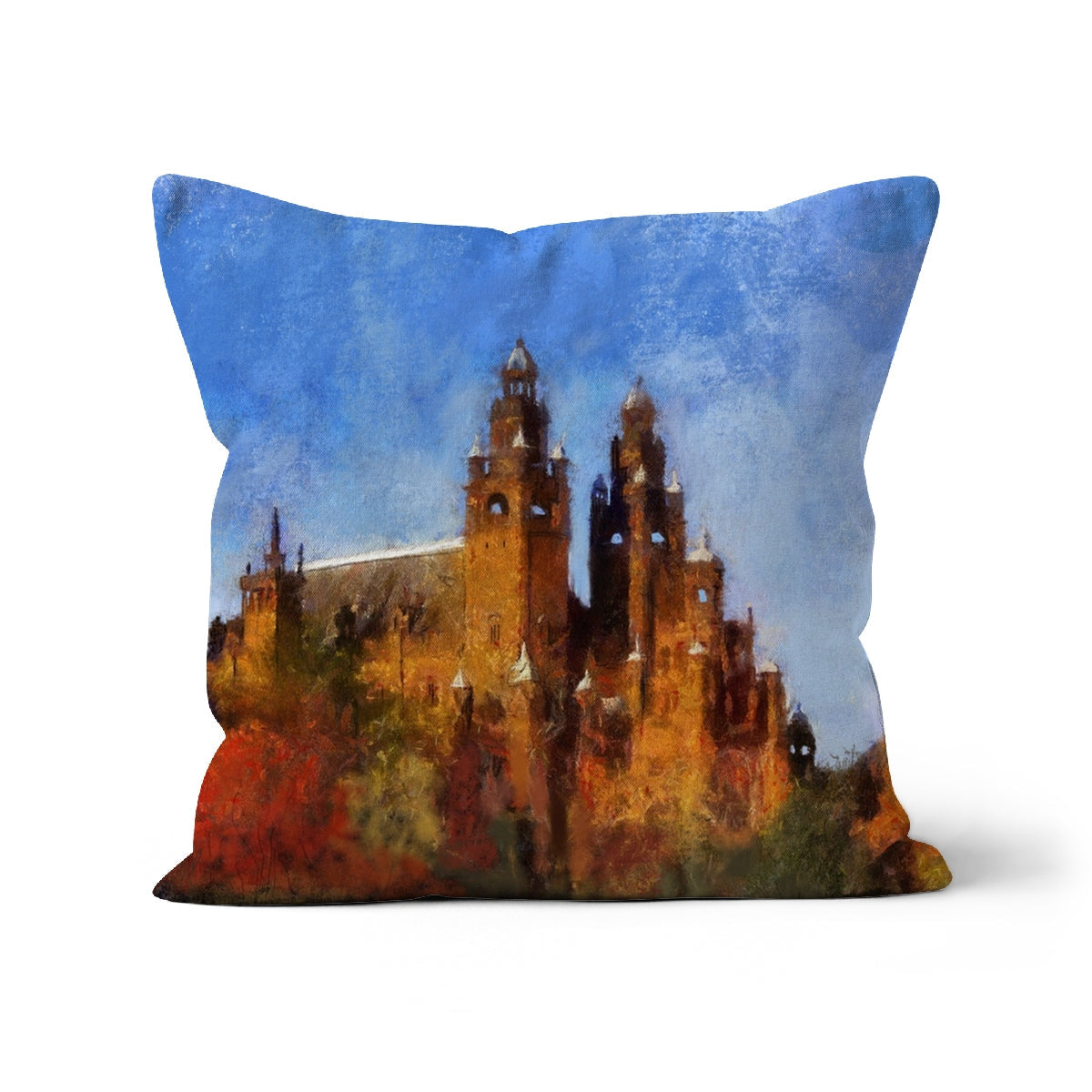 Kelvingrove Art Gallery cushion: historic castle with orange stone towers, blue sky, autumn foliage