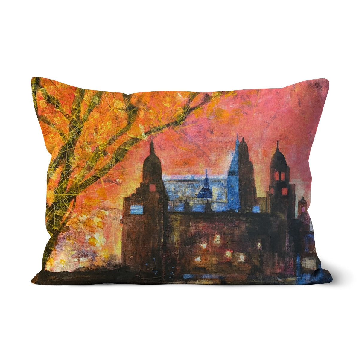 Kelvingrove Art Gallery Dusk Cushion with autumn cityscape at sunset