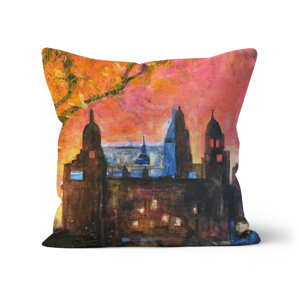 Kelvingrove Art Gallery Dusk Cushion: vibrant abstract cityscape pillow