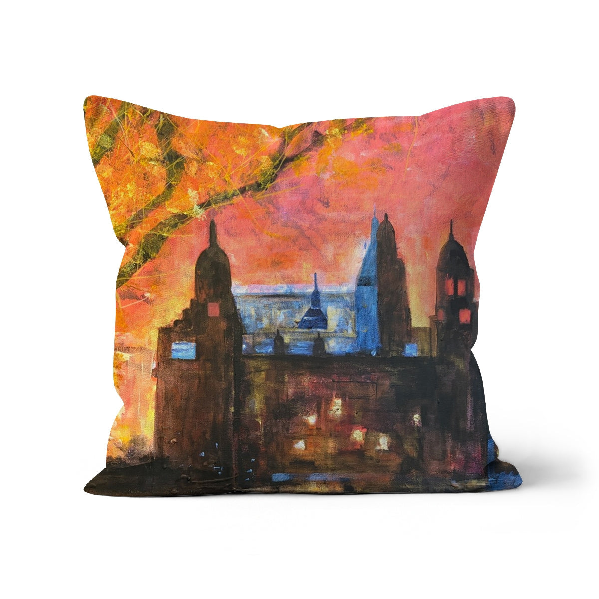 Kelvingrove Art Gallery Dusk Cushion: abstract cityscape pillow