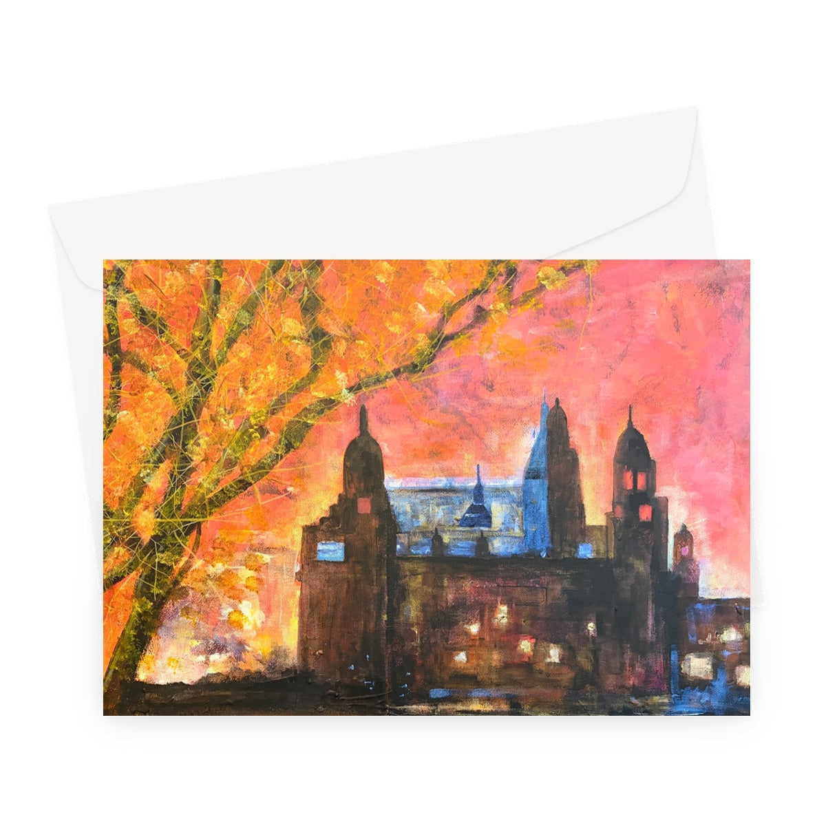 Kelvingrove Art Gallery Dusk greeting card with vibrant autumn cityscape