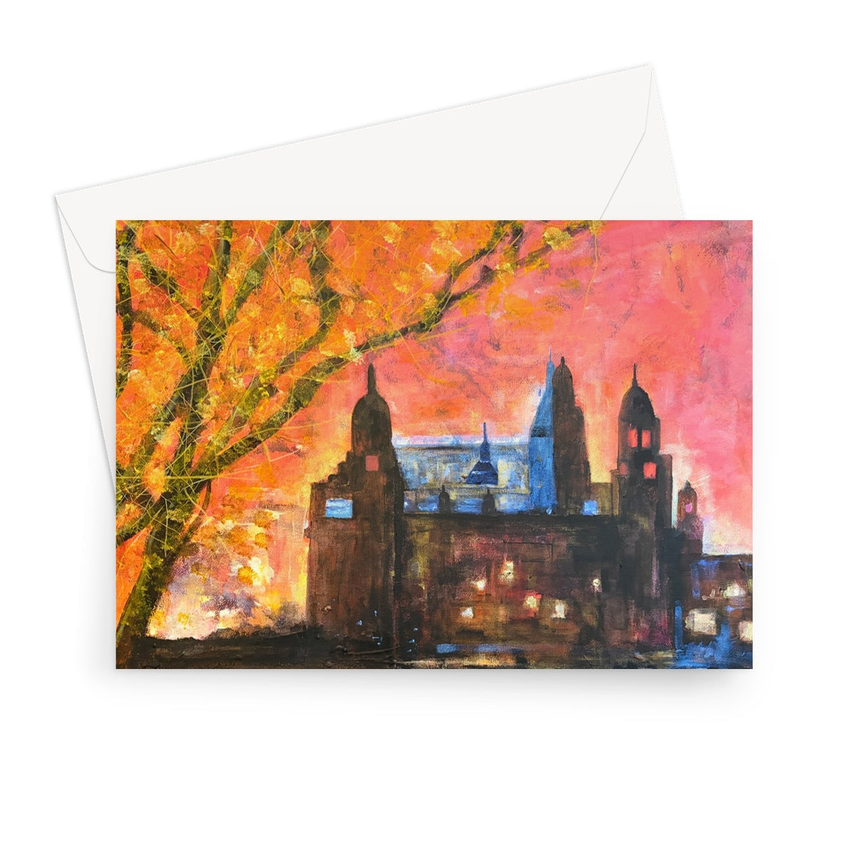 Kelvingrove Art Gallery dusk greeting card with vibrant fiery orange pink skies silhouetted buildings and tree branch