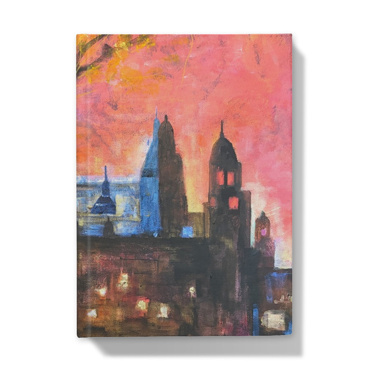Vibrant abstract cityscape in pink, orange, blue on Kelvingrove Art Gallery Dusk journal