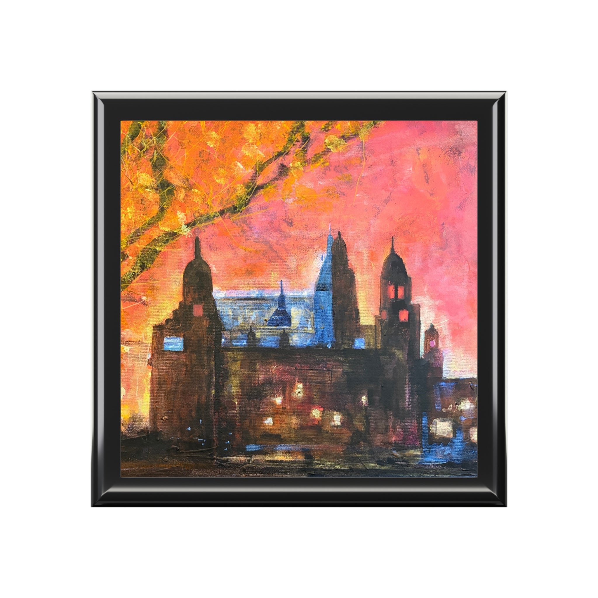 Kelvingrove Art Gallery Dusk abstract cityscape jewellery box with orange pink skies and glowing windows