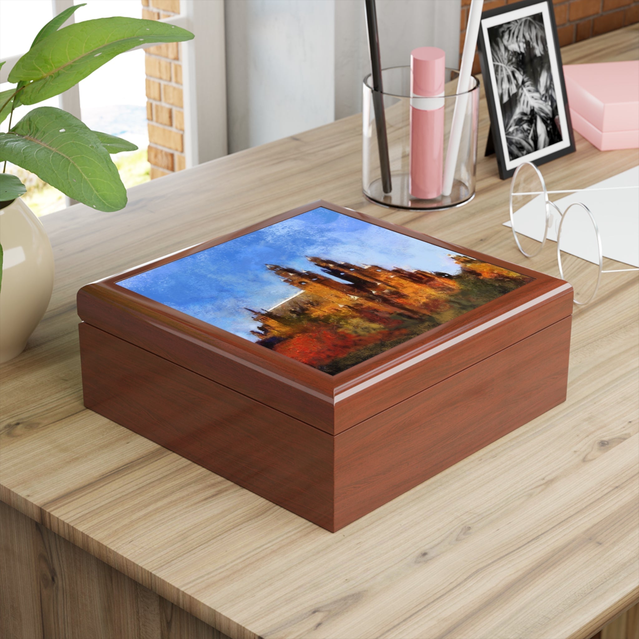 Brown wooden Kelvingrove jewellery box with autumn landscape lid