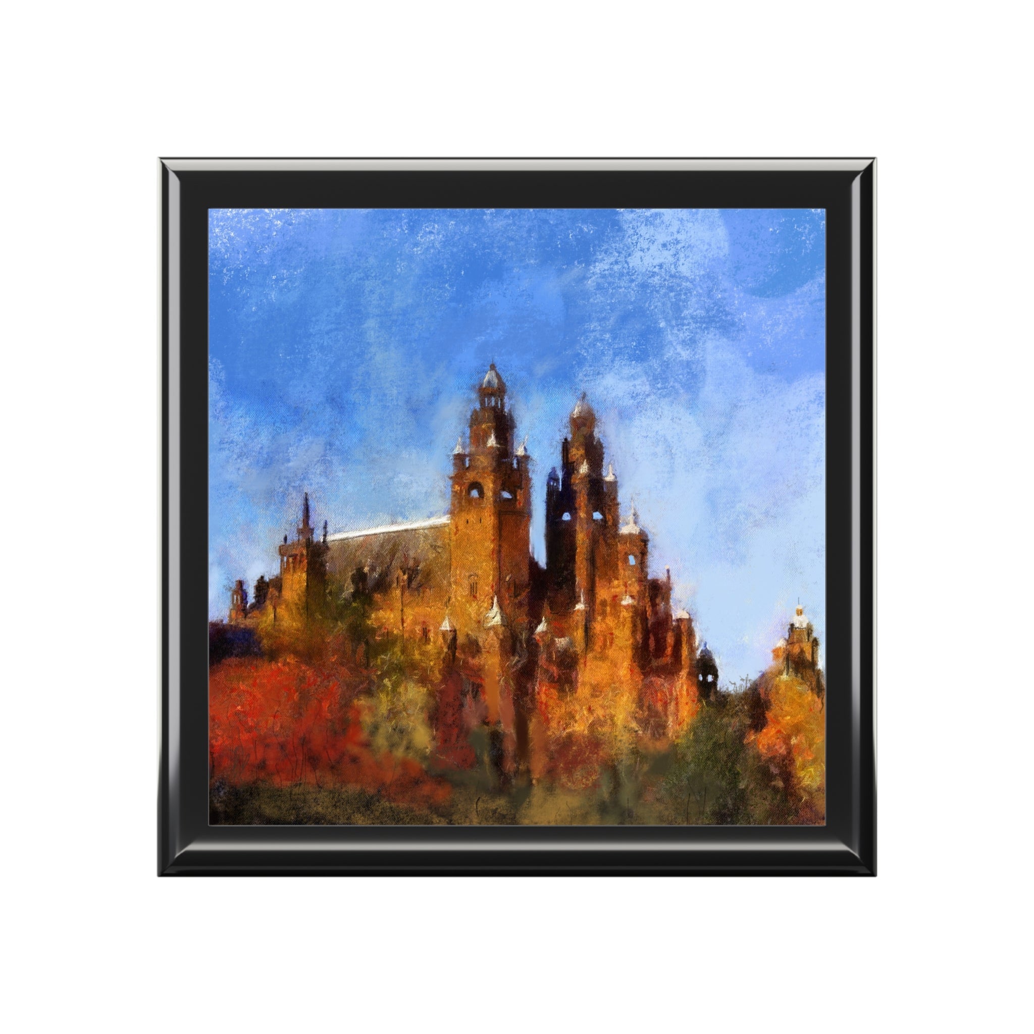 Black-framed square painting of ornate Kelvingrove cathedral in jewelry box