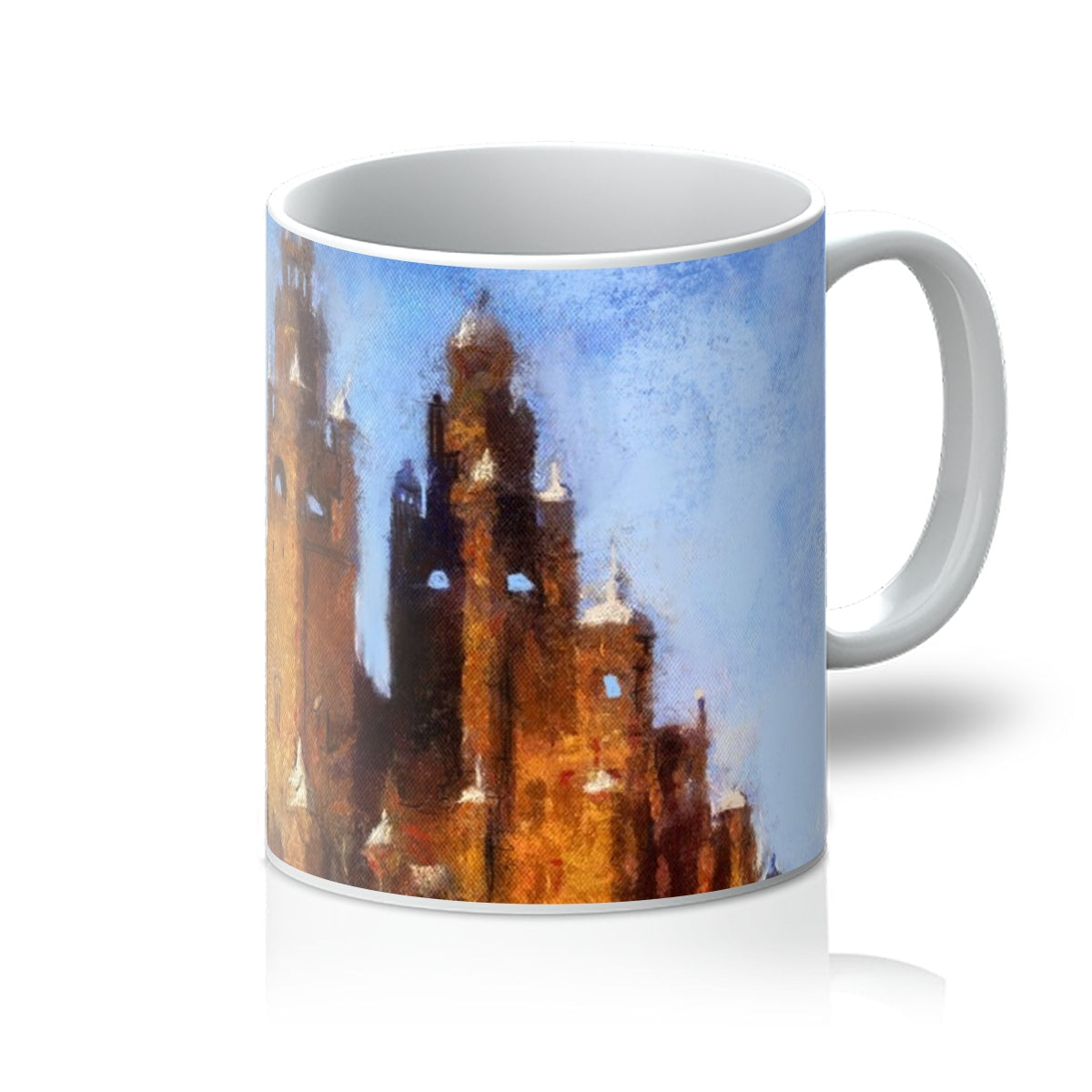 Kelvingrove Art Gallery mug with Liver Building in orange, brown, blue sky