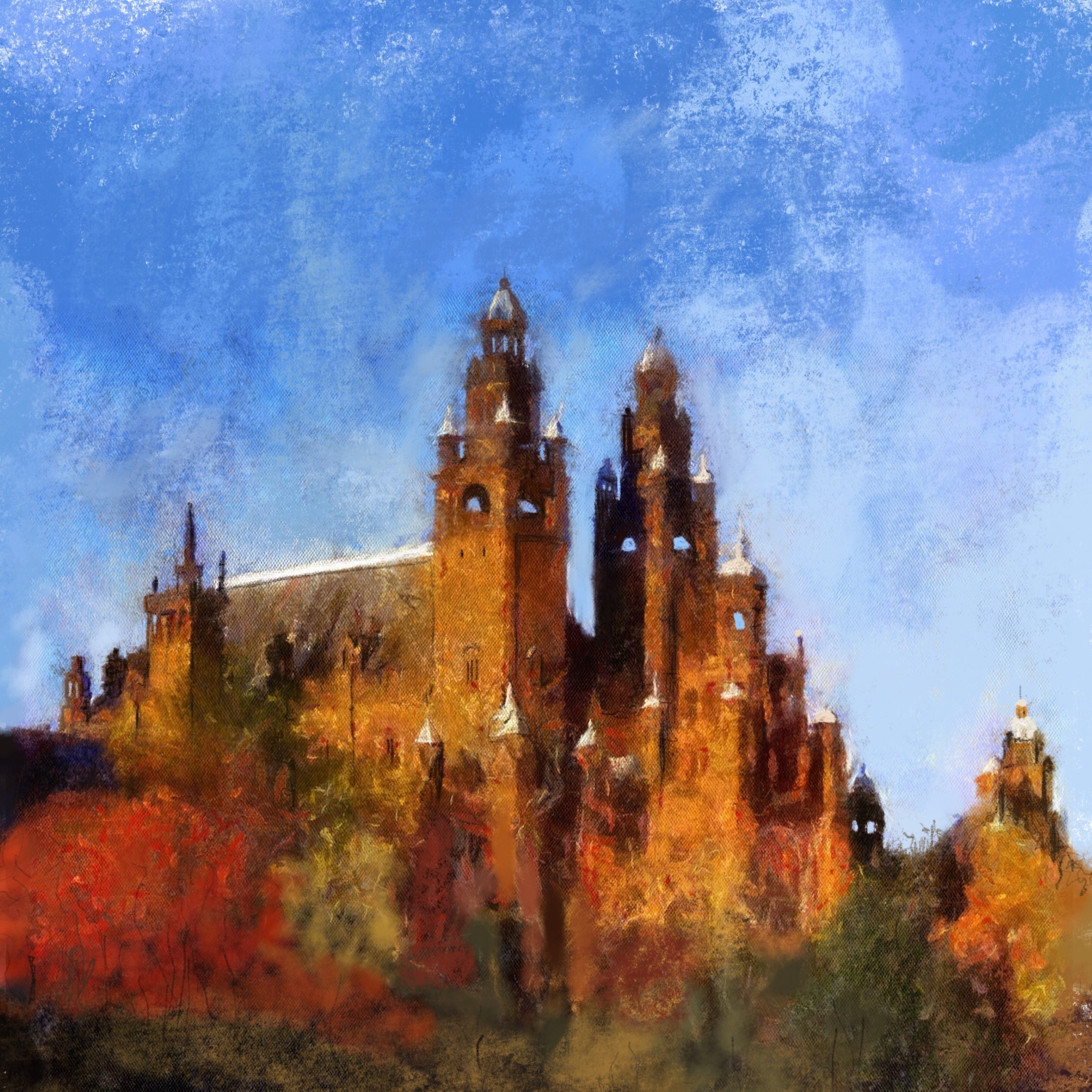 Ornate brownstone building with towers featured in Kelvingrove Art Gallery Original Painting