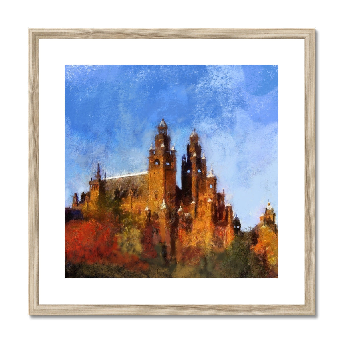Framed print of Kelvingrove grand orange-brown cathedral with twin towers under blue sky