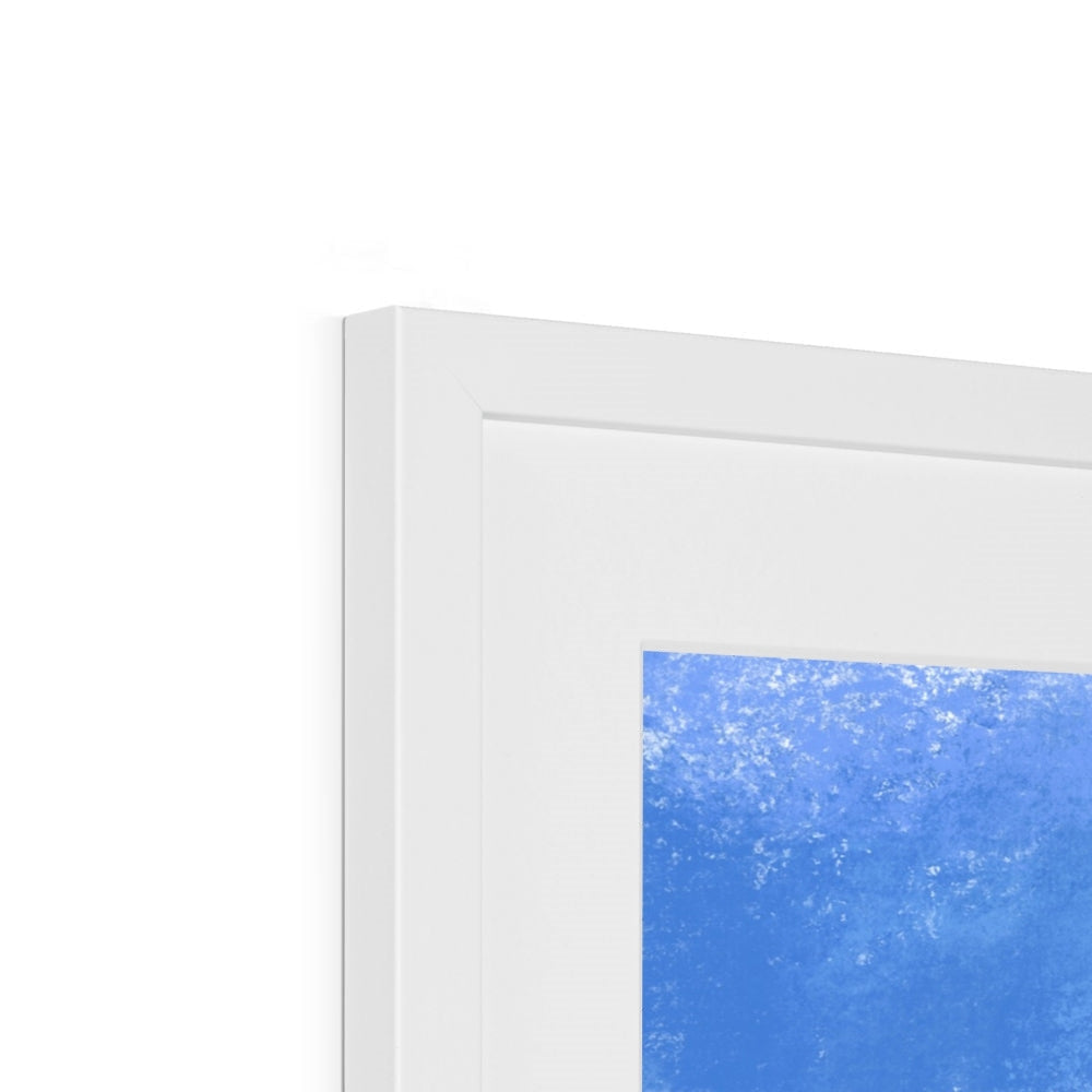 White framed Kelvingrove Art Gallery print with textured blue abstract design