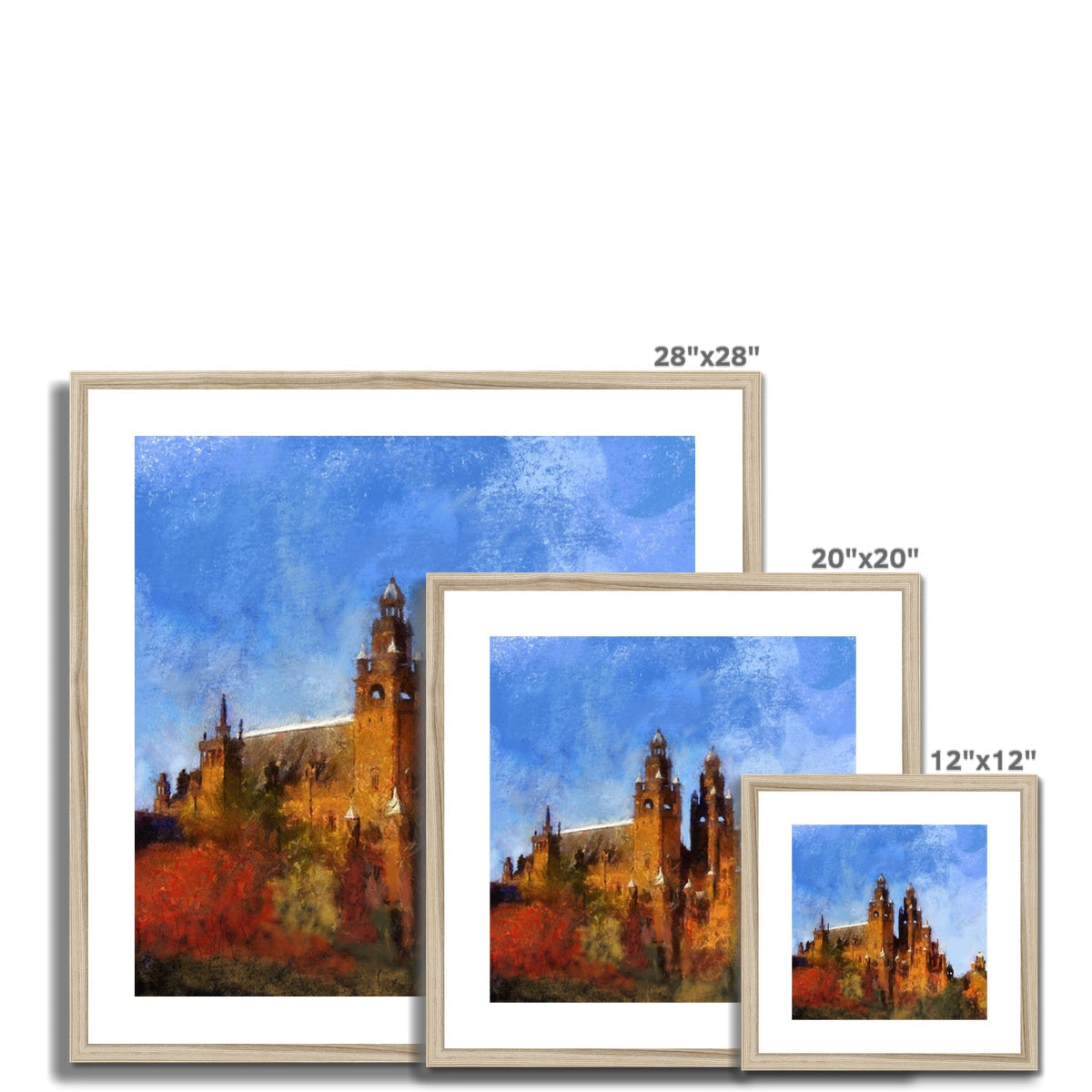 Three Kelvingrove Art Gallery prints in light wood frames