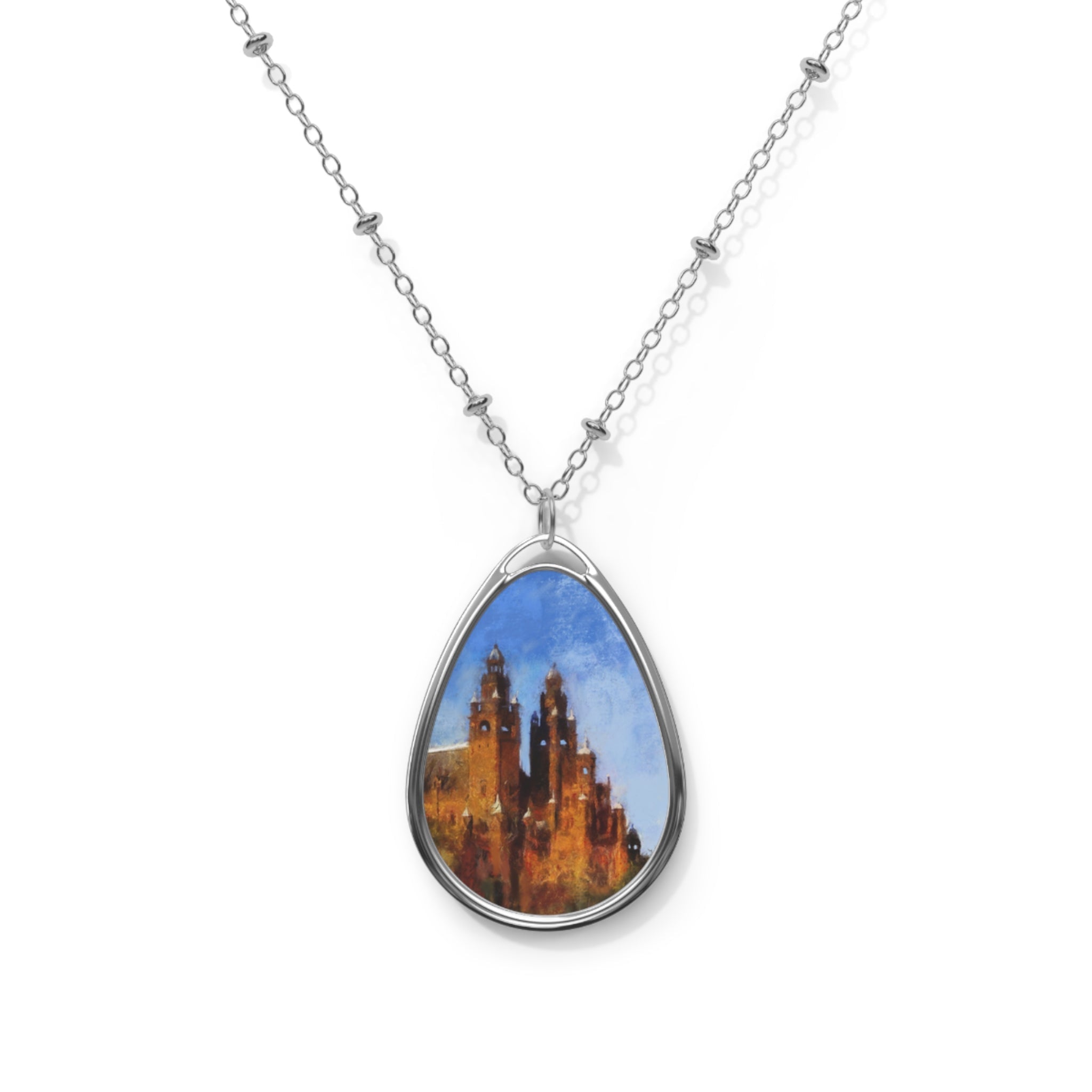 Silver teardrop pendant necklace with Kelvingrove castle painting