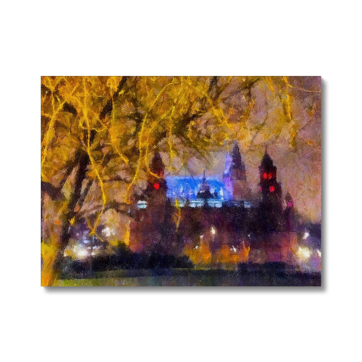 Blue and white illuminated Kelvingrove Nights castle model with red accents