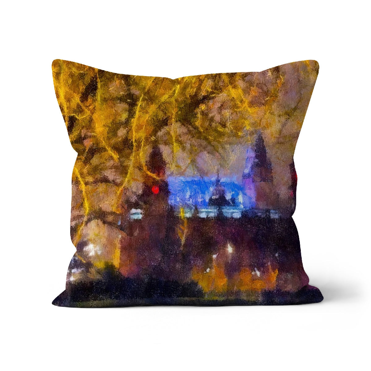 Decorative Kelvingrove Nights Cushion featuring an impressionistic European city night scene