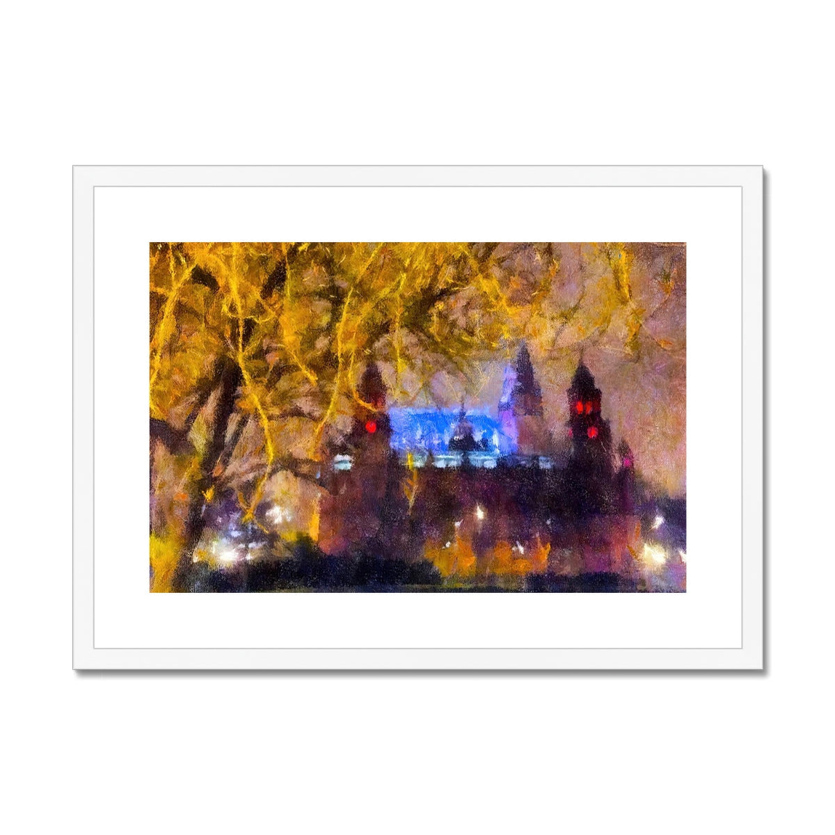 Blue and white framed Kelvingrove Nights cityscape canvas print