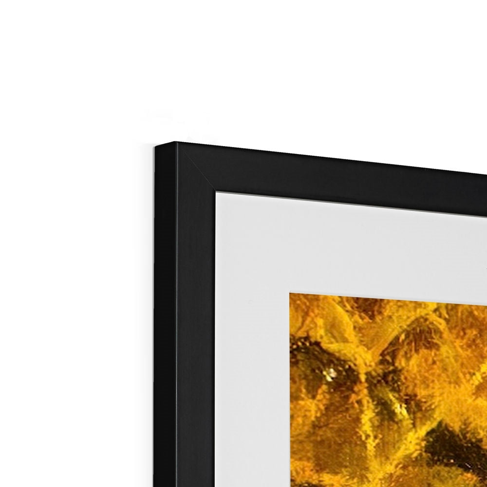 Kelvingrove Nights abstract art print in black frame with gold brown tones