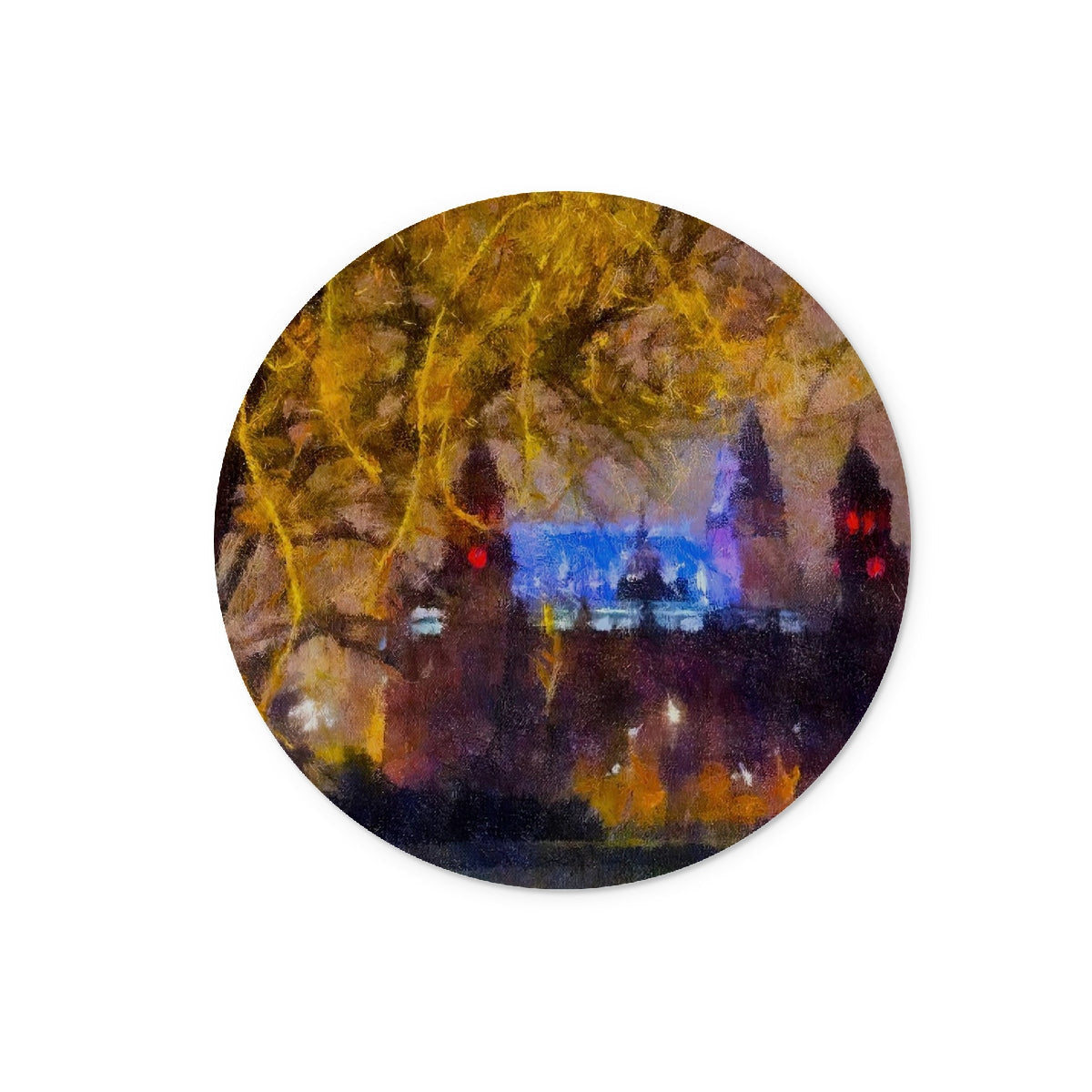 Kelvingrove Nights round sticker with autumn cityscape on glass chopping board