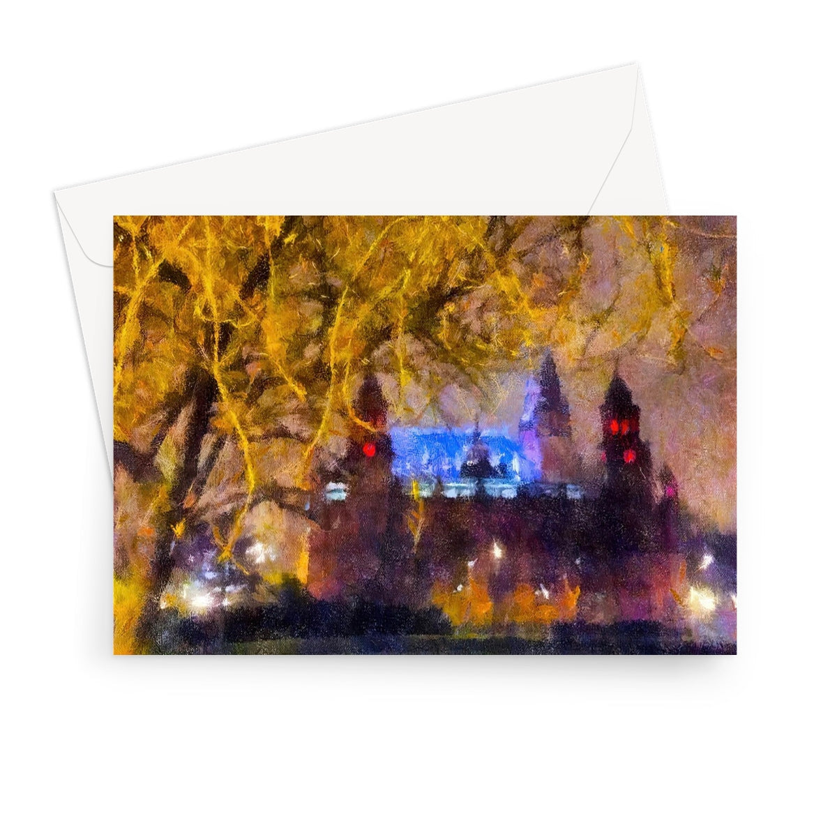 Kelvingrove Nights greeting card: blue purple illuminated castle with red turrets