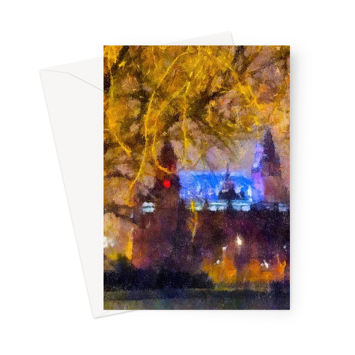 Kelvingrove Nights golden willow greeting card with blue purple building design