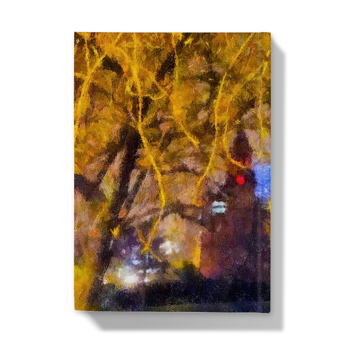 Impressionistic painting of golden leaves, branches, streetlights, and buildings for Kelvingrove Nights Hardback Journal
